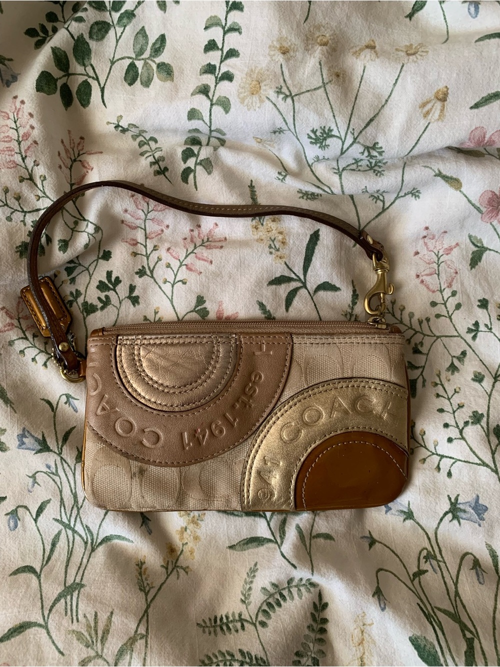 Coach Beige and Brown Signature Wristlet Clutch